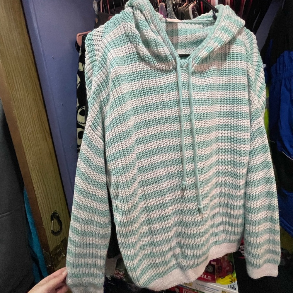 Time and Tru size L teal and white hoodie sweater